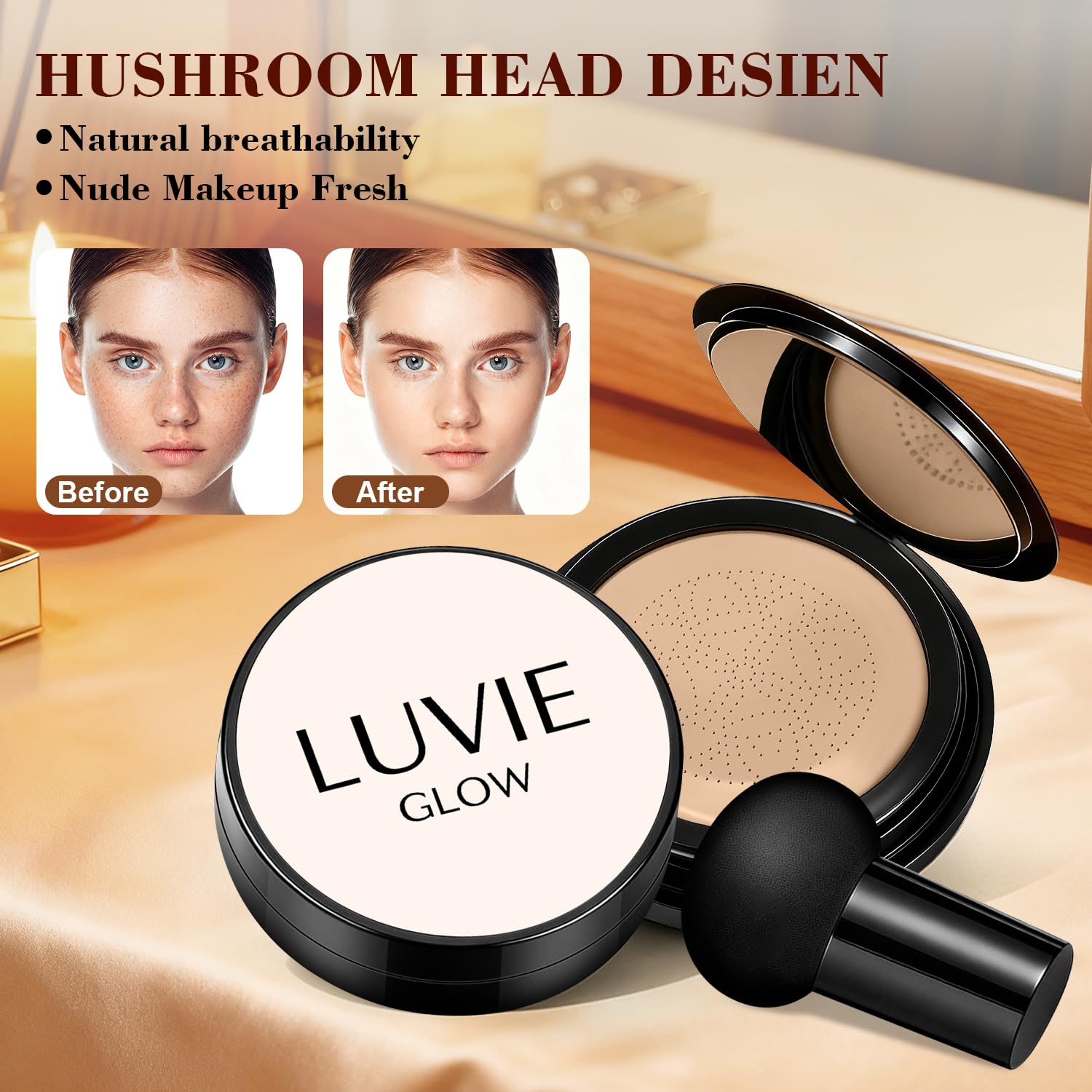 Luvie Glow Foundation mushroom-puff applying product for quick, streak-free coverage.