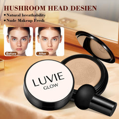 Luvie Glow Foundation mushroom-puff applying product for quick, streak-free coverage.
