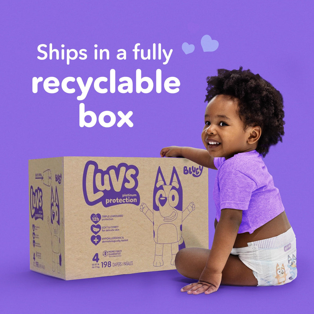 Luvs Platinum Protection size 7 diaper model demonstrates large overnight coverage