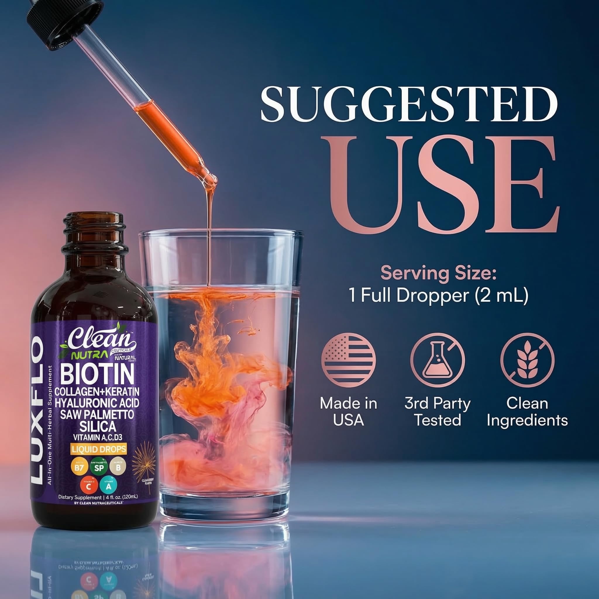 LuxFlo amber bottle closeup emphasizes premium packaging