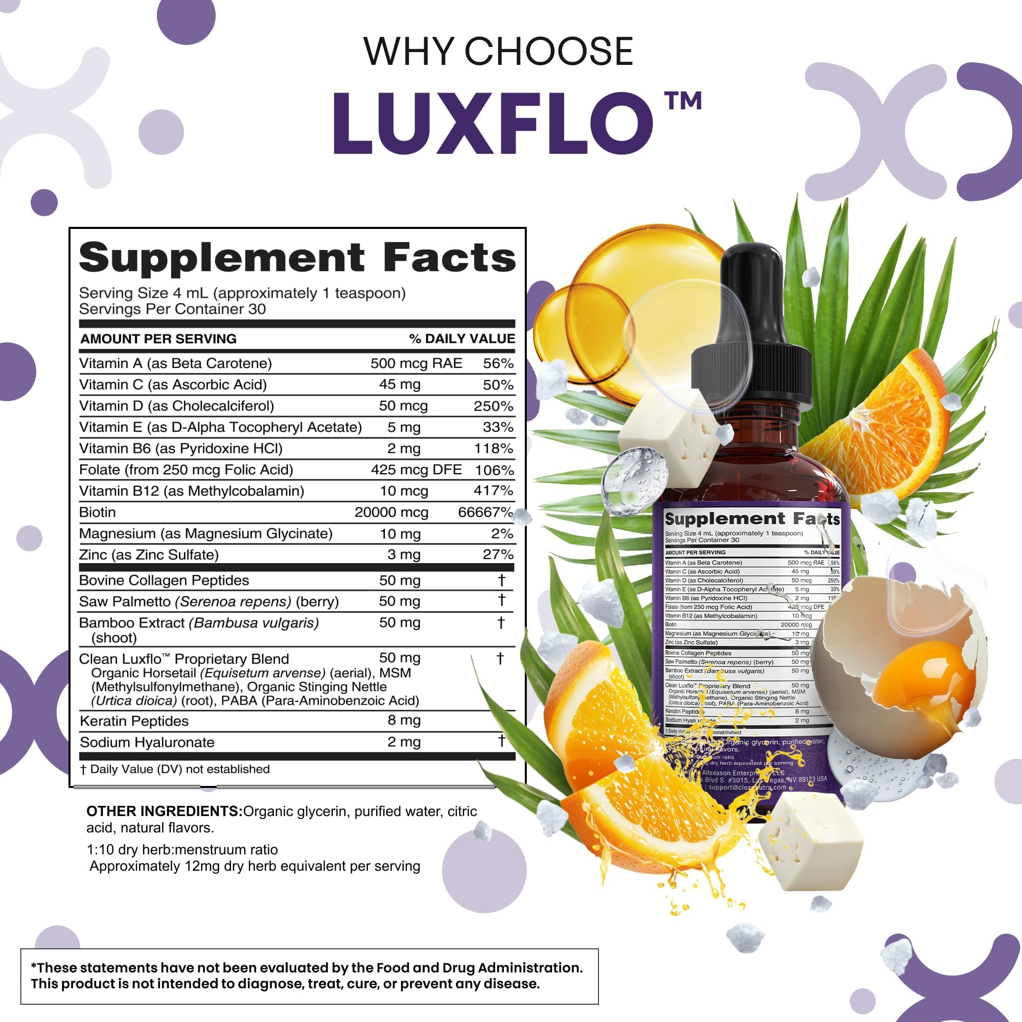 LuxFlo bottle label detail highlights vitamins and minerals
