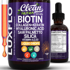 LuxFlo liquid biotin-collagen bottle with pour highlights hair health