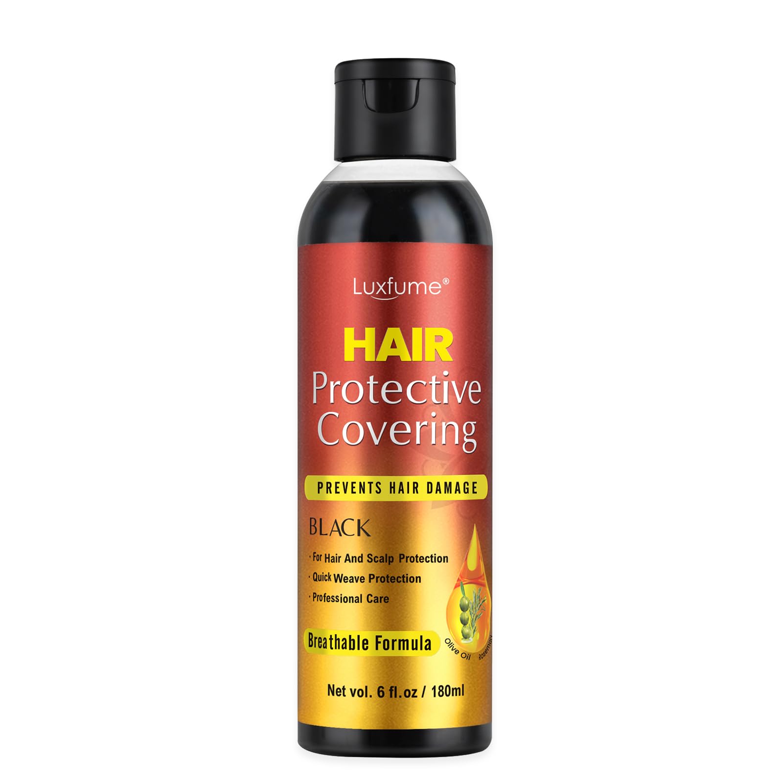Luxfume Quick Weave Shield bottle close-up, easy-to-apply protective liquid for scalp protection.
