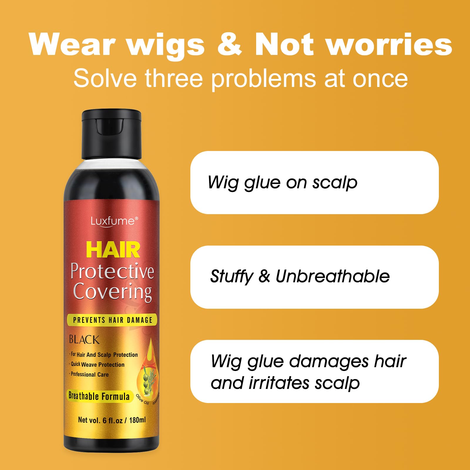 Luxfume Shield bottle photographed with a hair cap, suggesting gentle care for scalp and strands.