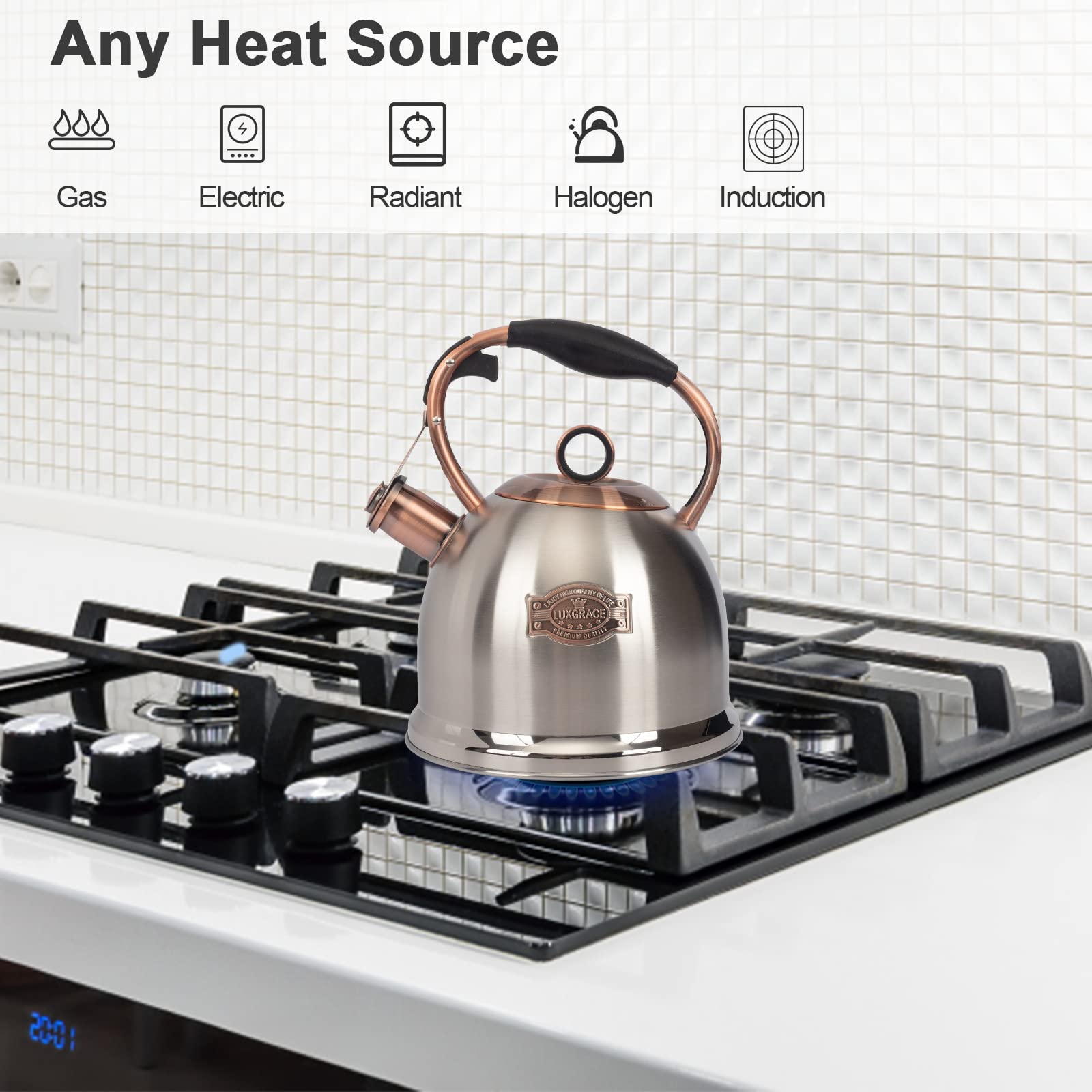 LuxGrace 3.0 qt tea kettle top view highlights generous capacity.