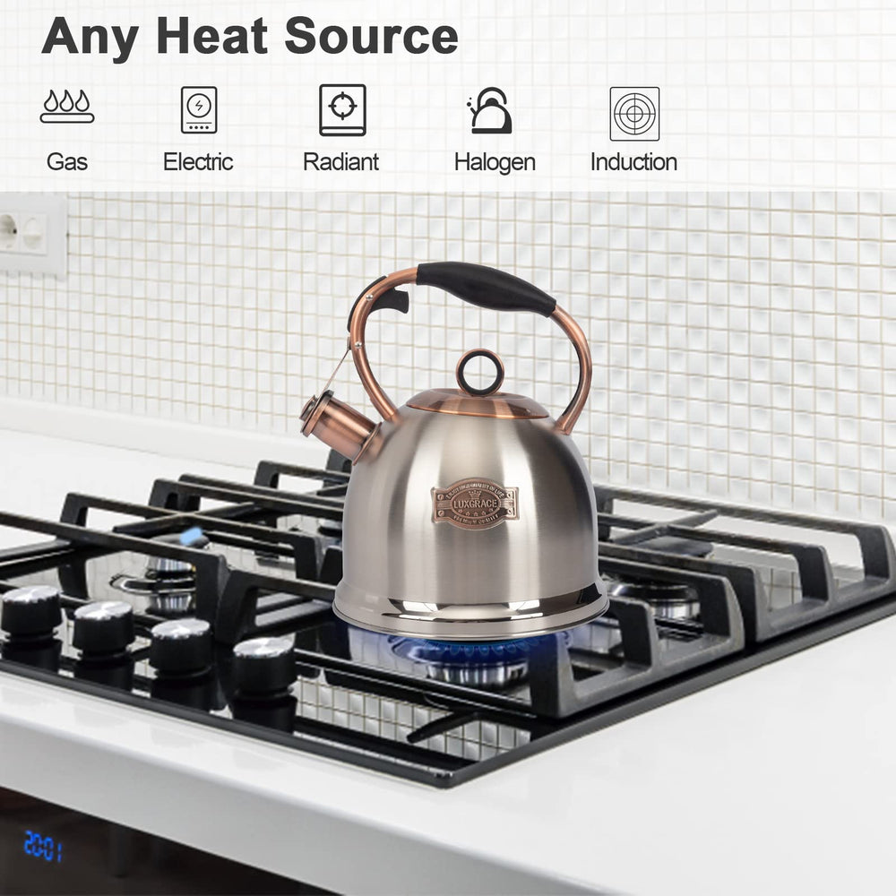 LuxGrace 3.0 qt tea kettle top view highlights generous capacity.