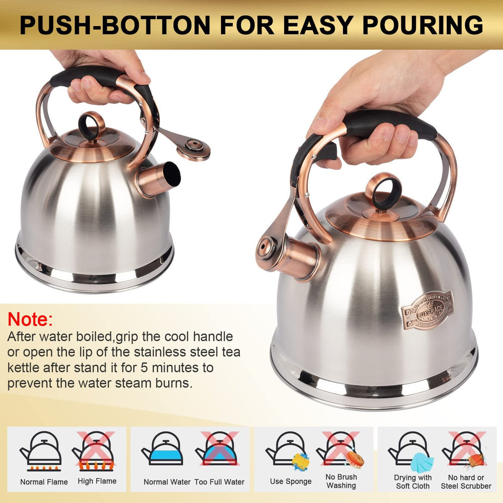 LuxGrace tea kettle on induction top demonstrates cross-stovetop compatibility.