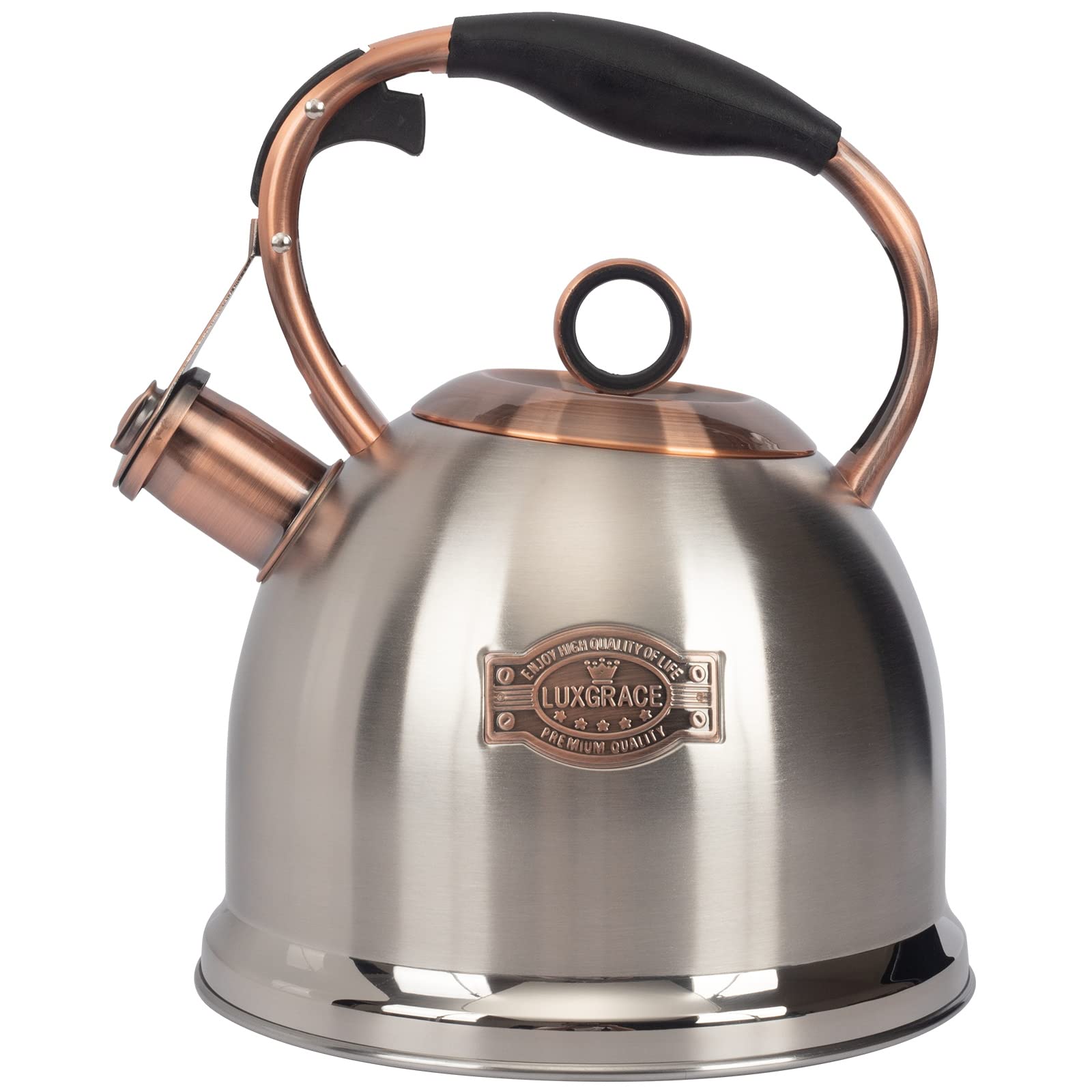 LuxGrace whistling tea kettle stainless steel body showcases durable construction.