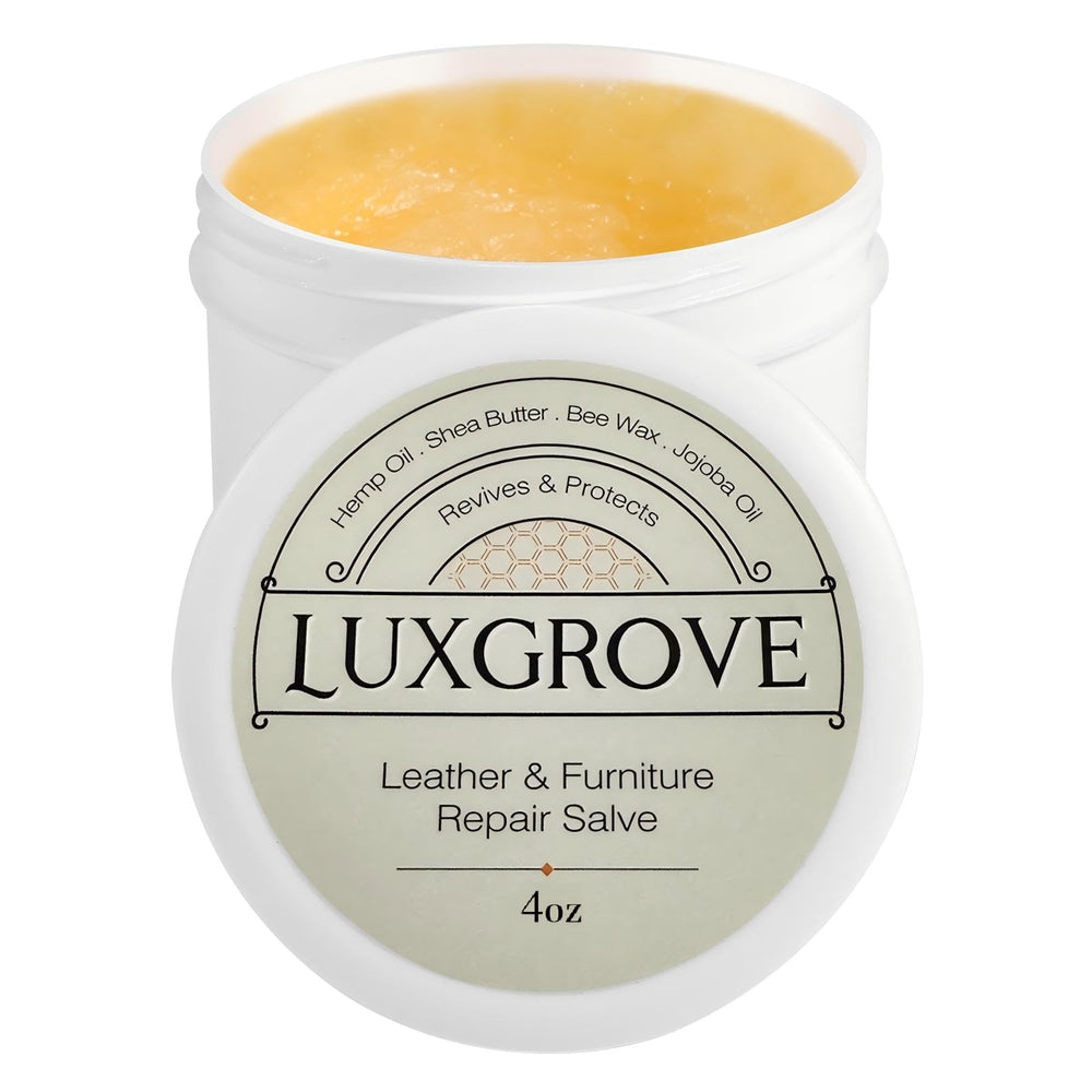 LuxGROVE Leather Repair Salve bottle shows easy conditioning and color revival.