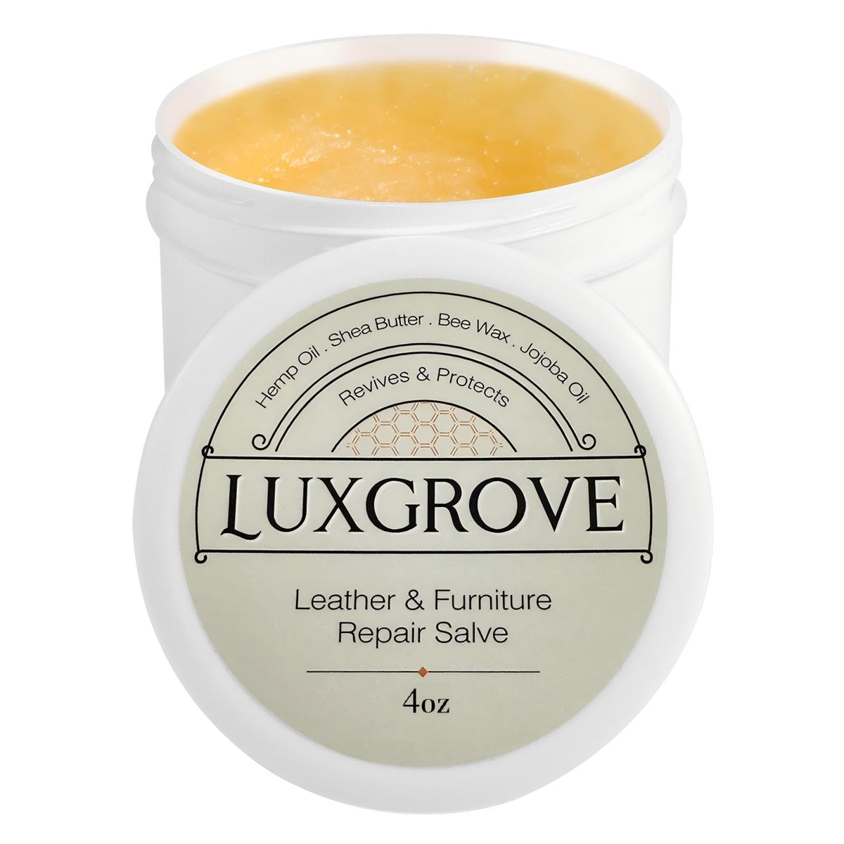 LuxGROVE Leather Repair Salve bottle shows easy conditioning and color revival.
