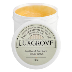 LuxGROVE Leather Repair Salve bottle shows easy conditioning and color revival.