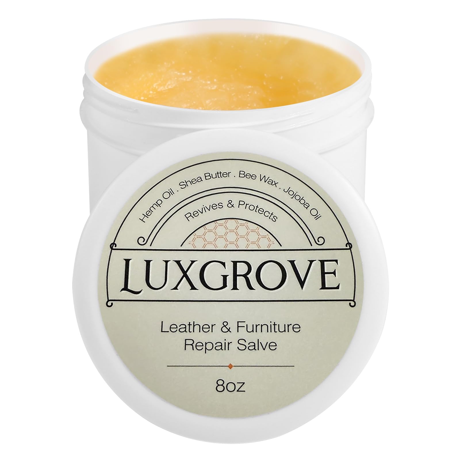 LUXGROVE Leather Salve bottle shown for rejuvenating leather with color and protection.