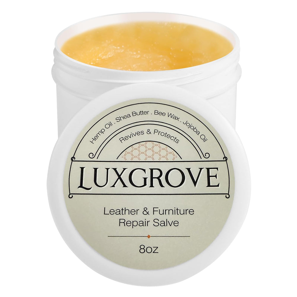 LUXGROVE Leather Salve bottle shown for rejuvenating leather with color and protection.
