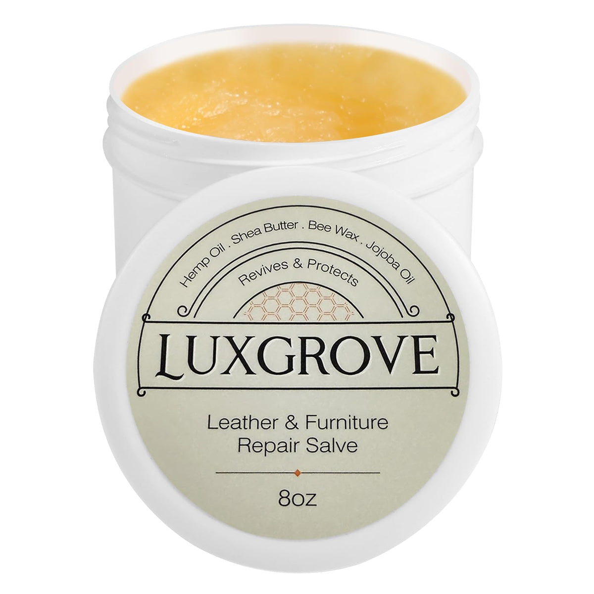 LUXGROVE Leather Salve bottle shown for rejuvenating leather with color and protection.