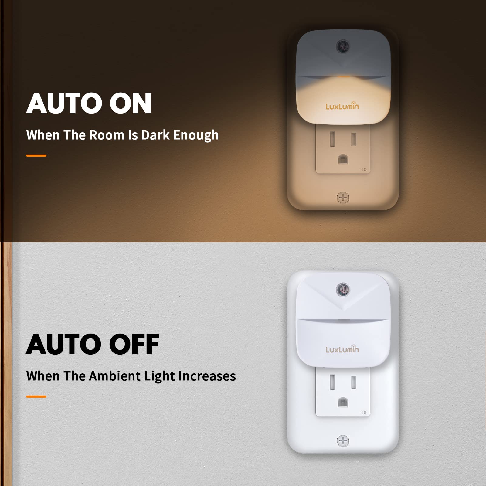 LuxLumin plug-in night light emits warm white, glare-free glow.