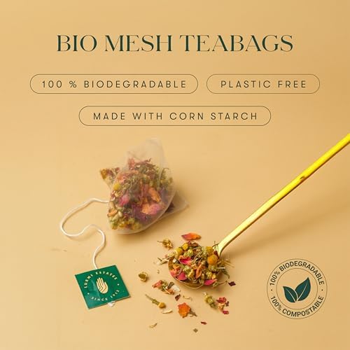 Luxmi Estates biodegradable tea bags highlight eco-conscious packaging.