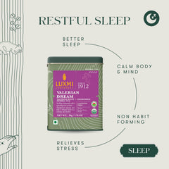 Luxmi Estates Valerian Dream tea leaves close-up highlighting organic herbal blend.