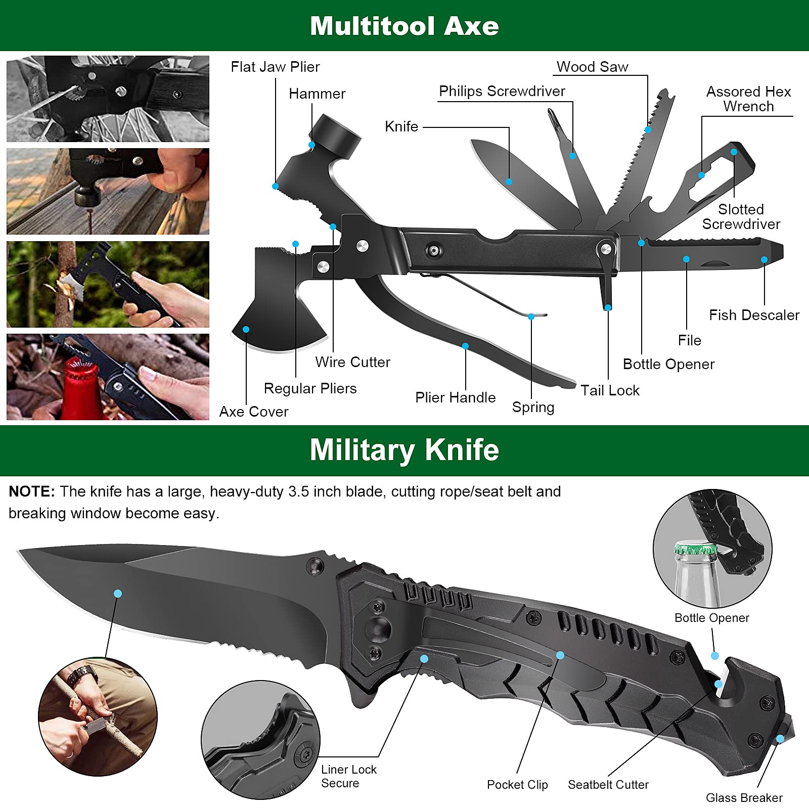 LUXMOM hatchet and 3-mode flashlight ready for quick shelter building.