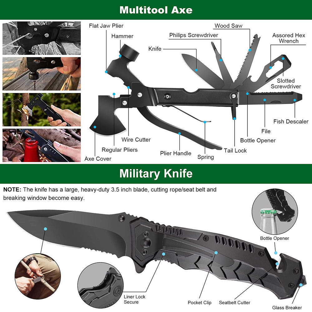 LUXMOM hatchet and 3-mode flashlight ready for quick shelter building.