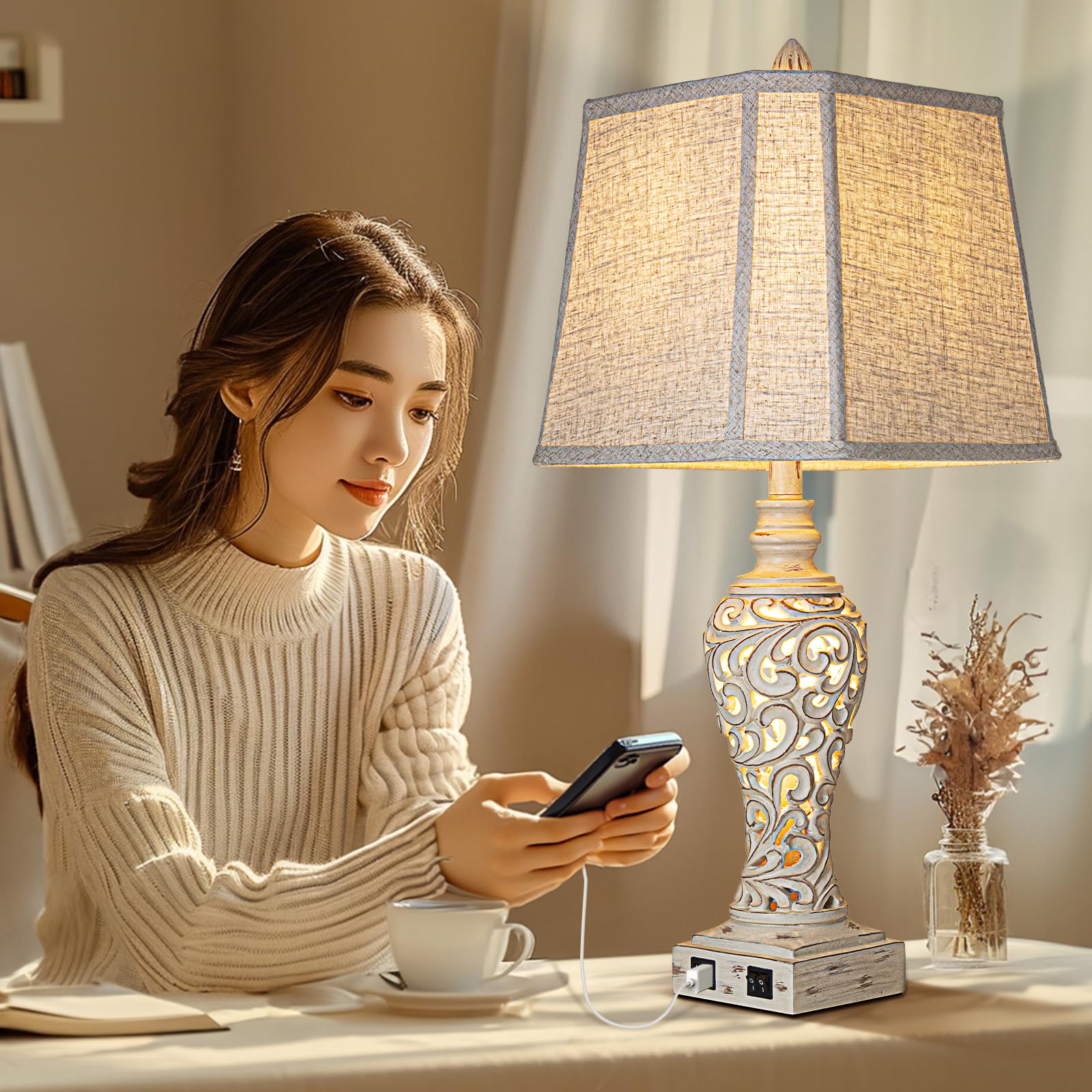 LuxSight twin lamps on matching nightstands create balanced bedroom lighting.