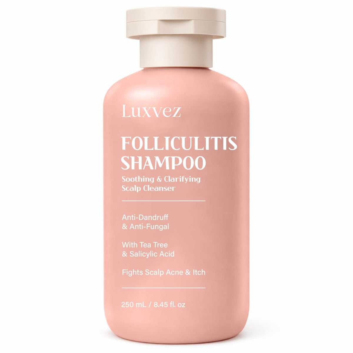 Luxvez antifungal shampoo bottle poured for scalp refreshment