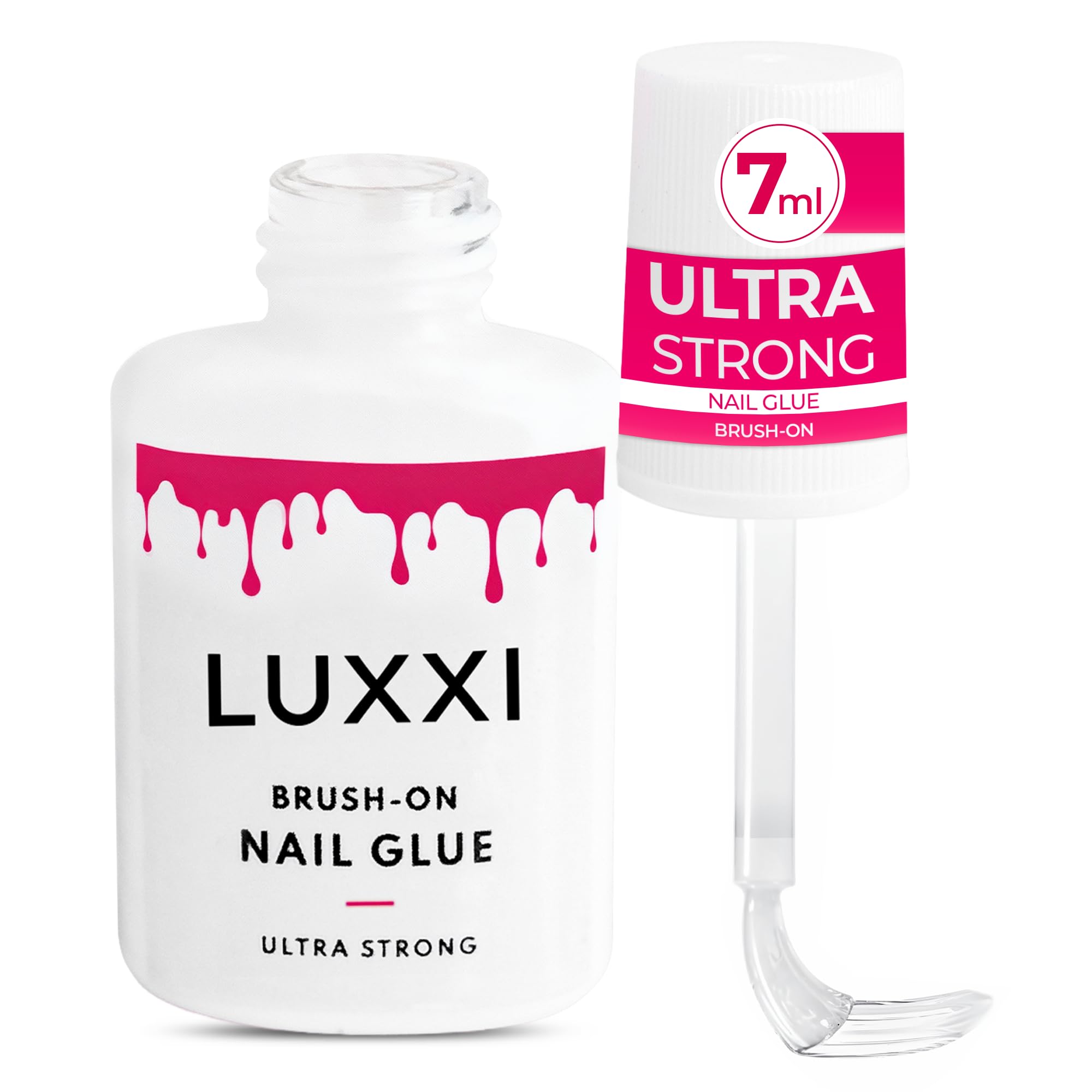 LUXXI Brush On Nail Glue pink gel bottle gives precise application for a clean salon look.