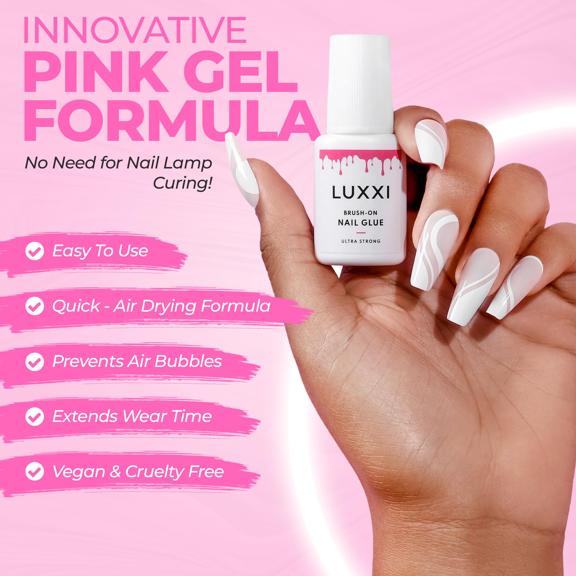 LUXXI precision brush application shows smooth, even coverage for secure adhesion.