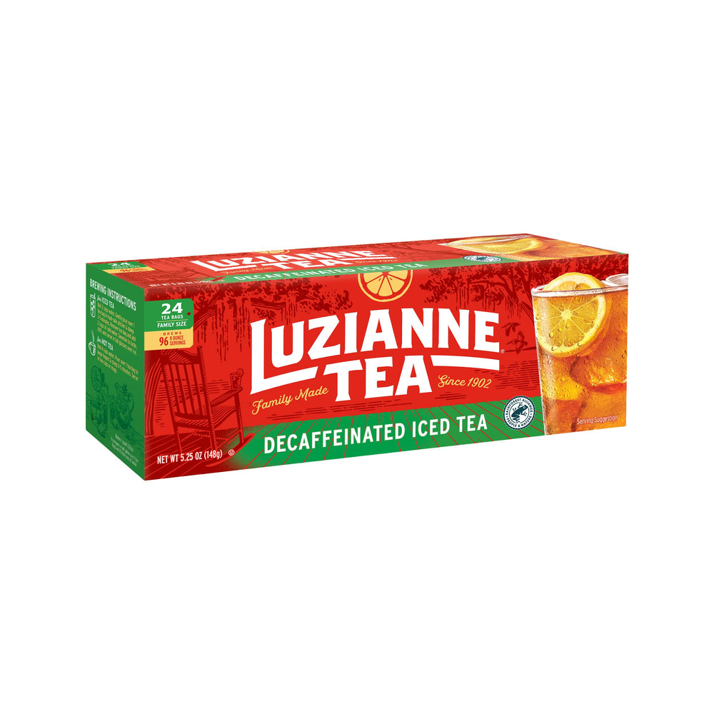 Luzianne decaf iced tea bags in a 24-count box, rich flavor with less caffeine