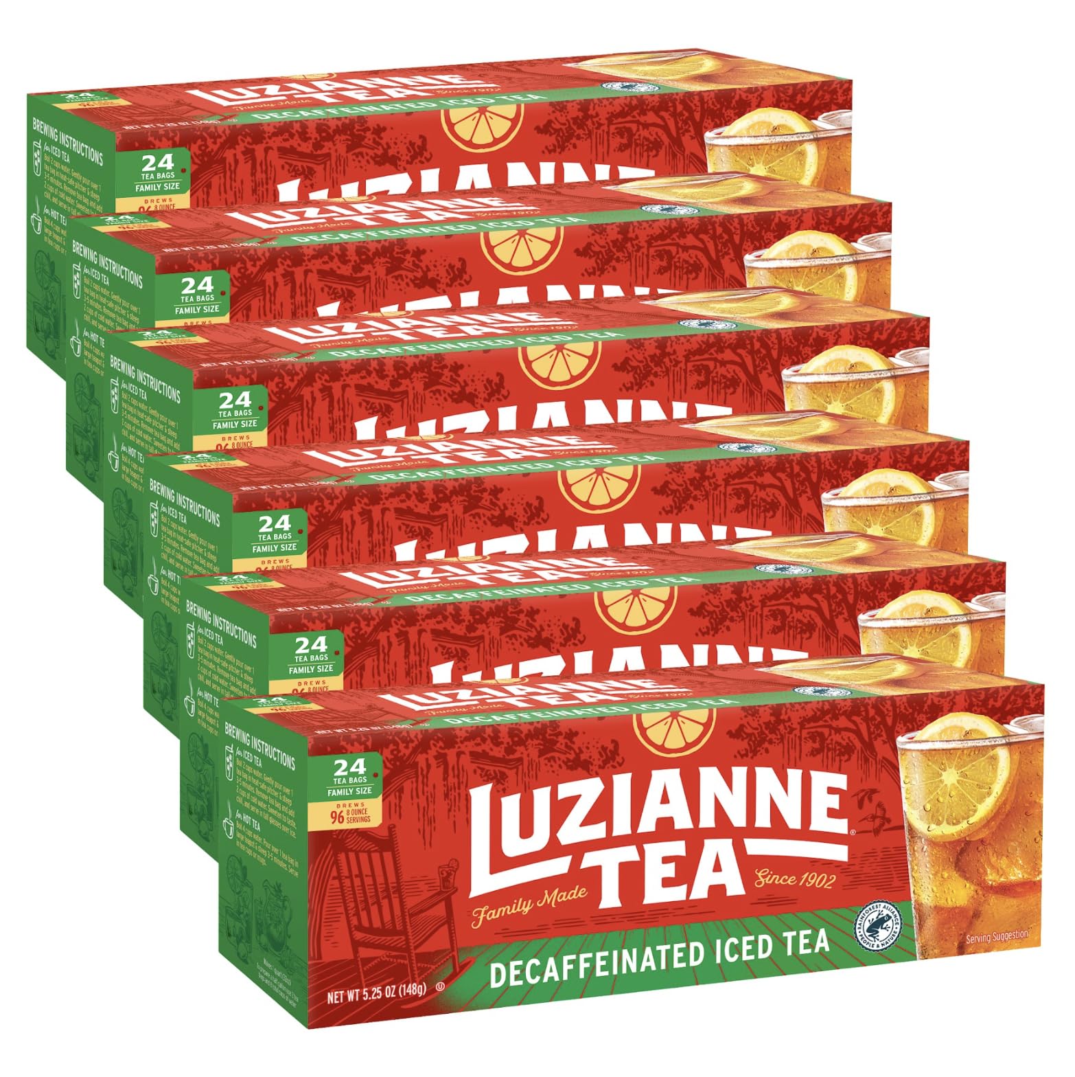 Luzianne Decaf Iced Tea Bags in a 24-count family box for easy home brewing.