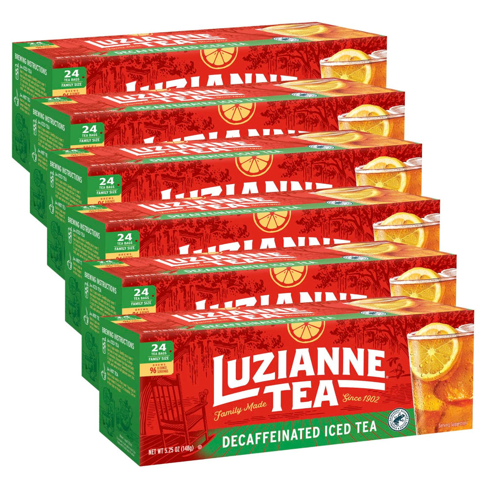 Luzianne Decaf Iced Tea Bags in a 24-count family box for easy home brewing.