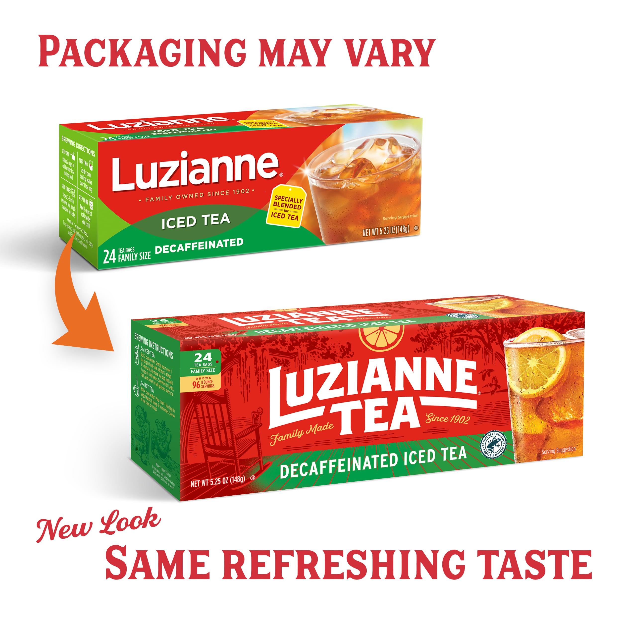 Luzianne iced tea with Rainforest Alliance seal signaling sustainable sourcing