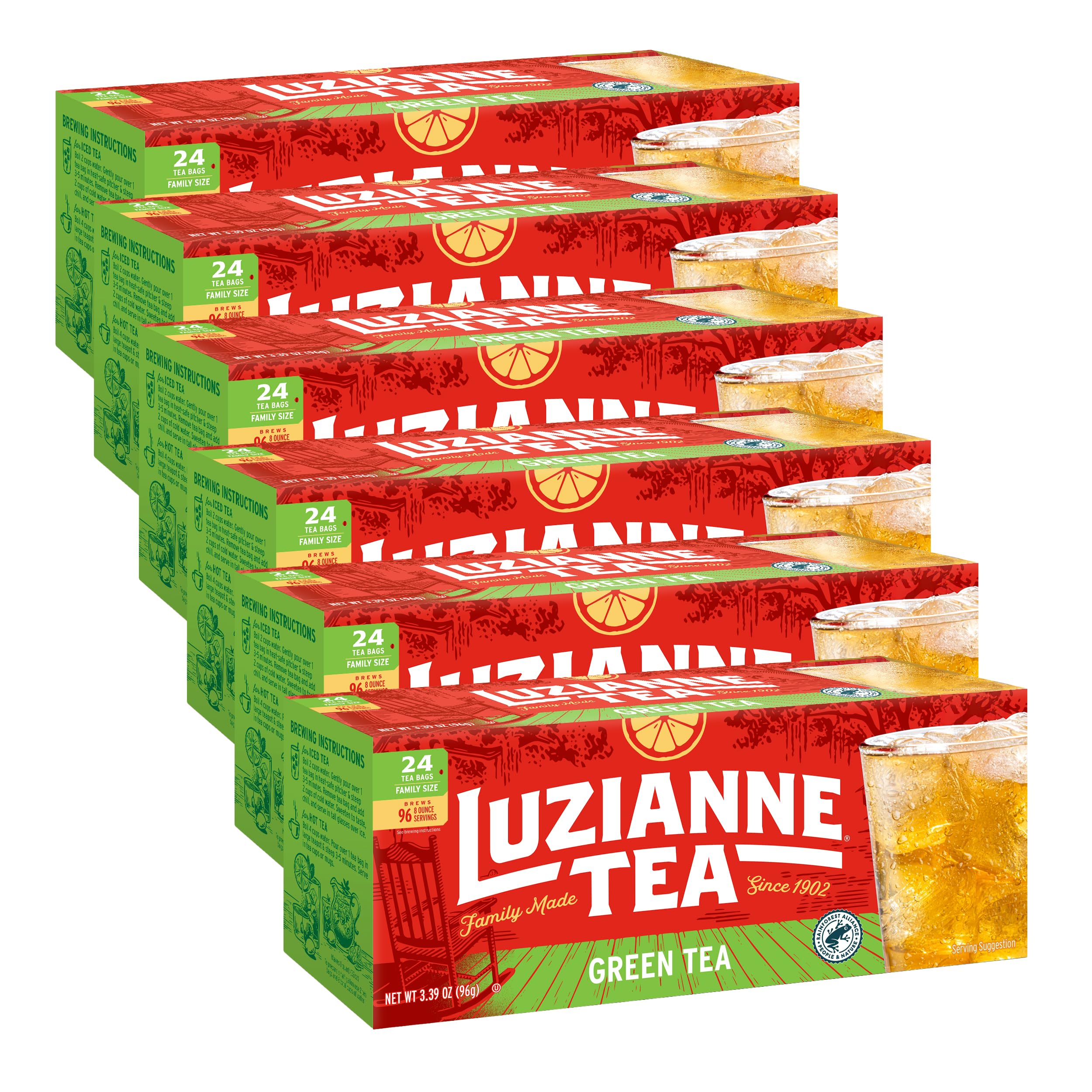 Luzianne green tea bags in a family-size box, ready for iced tea.