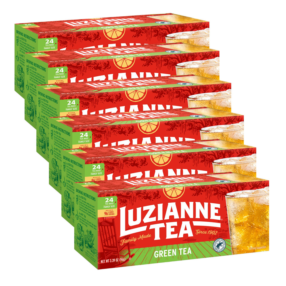 Luzianne green tea bags in a family-size box, ready for iced tea.