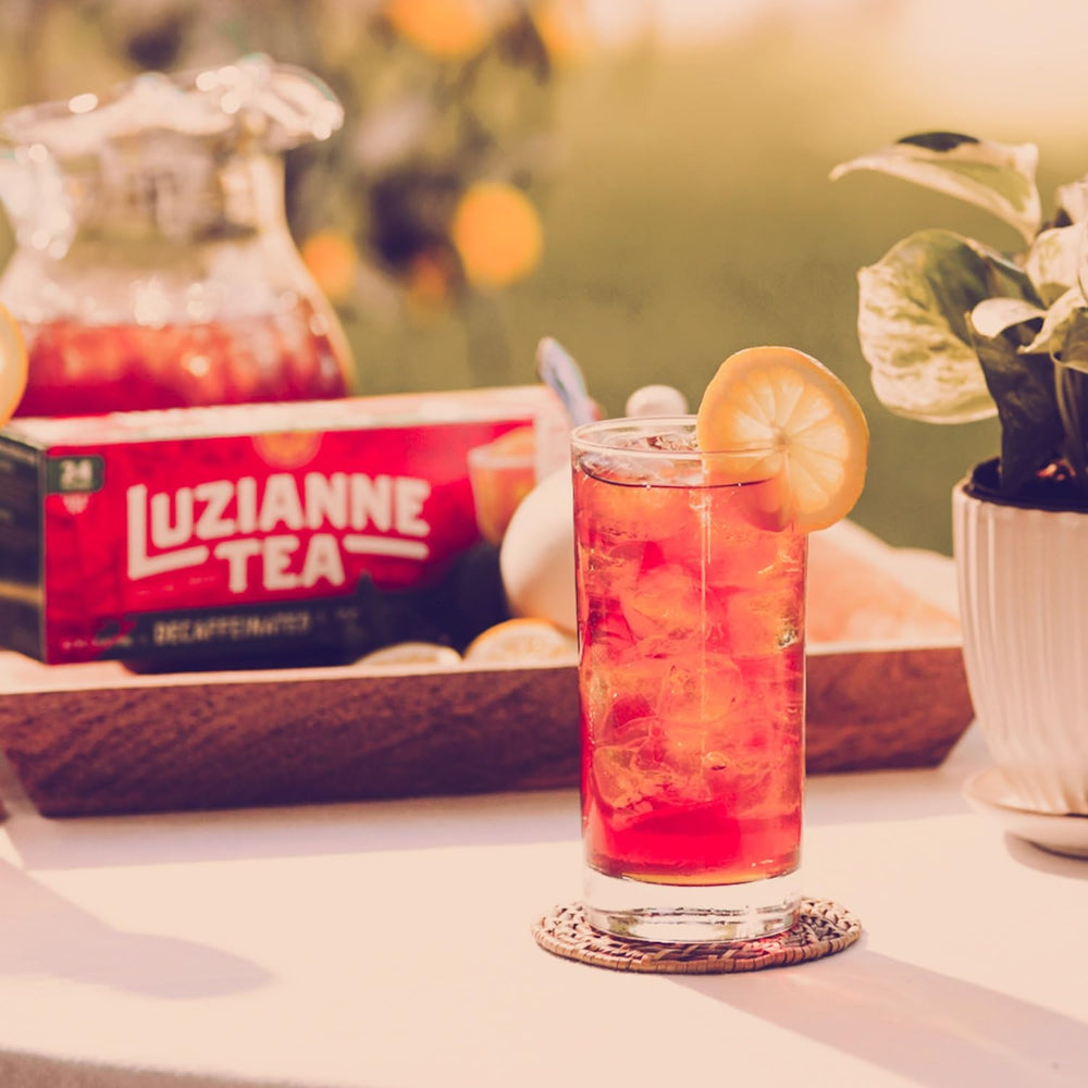 Luzianne Iced Tea with Rainforest Alliance seal signals sustainable sourcing.