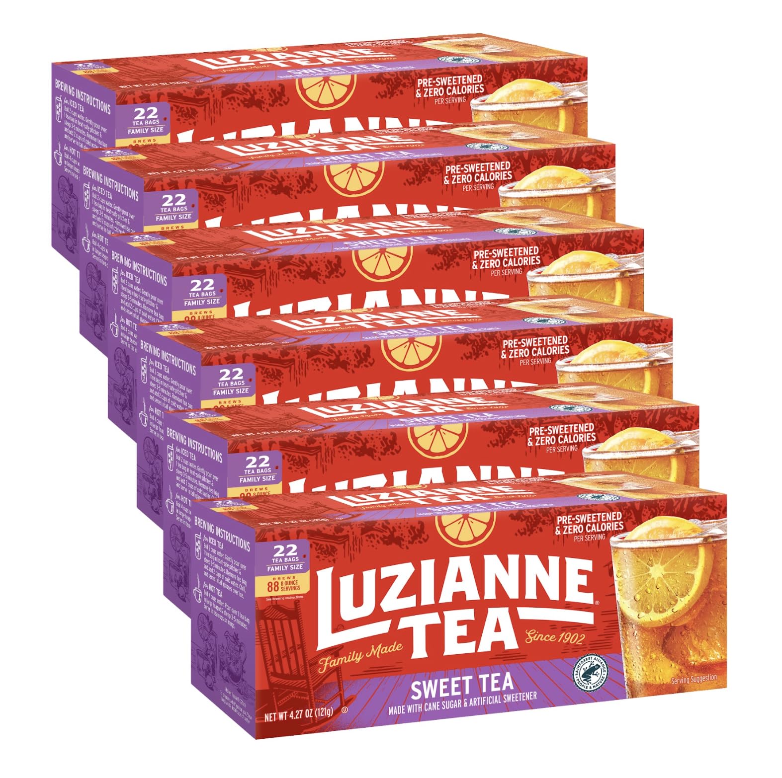 Luzianne Sweet Iced Tea Bags label highlights authentic Southern flavor for home brews.