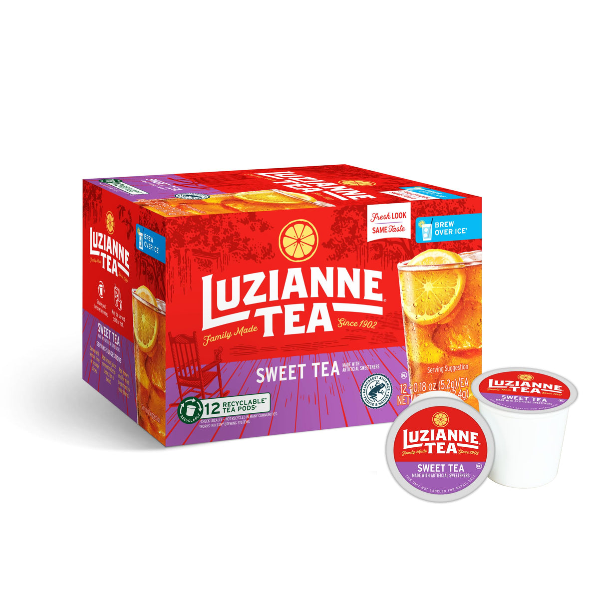 Luzianne sweet iced tea pods in a box for quick, refreshing home brew