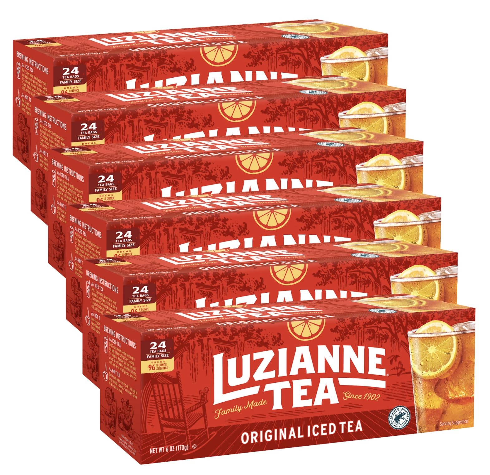 Luzianne unsweetened iced tea bags in a box for easy home brewing.