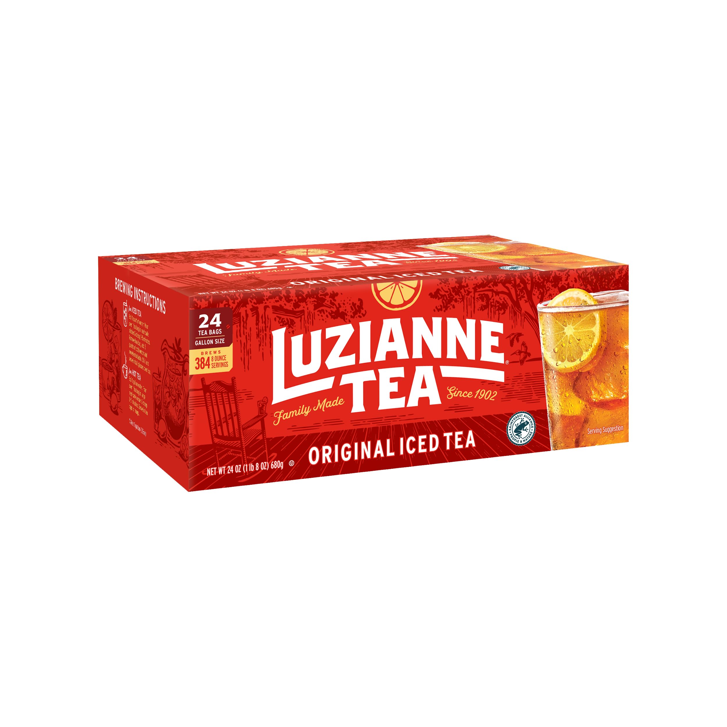 Luzianne unsweetened iced tea bags in a gallon box for easy home brewing