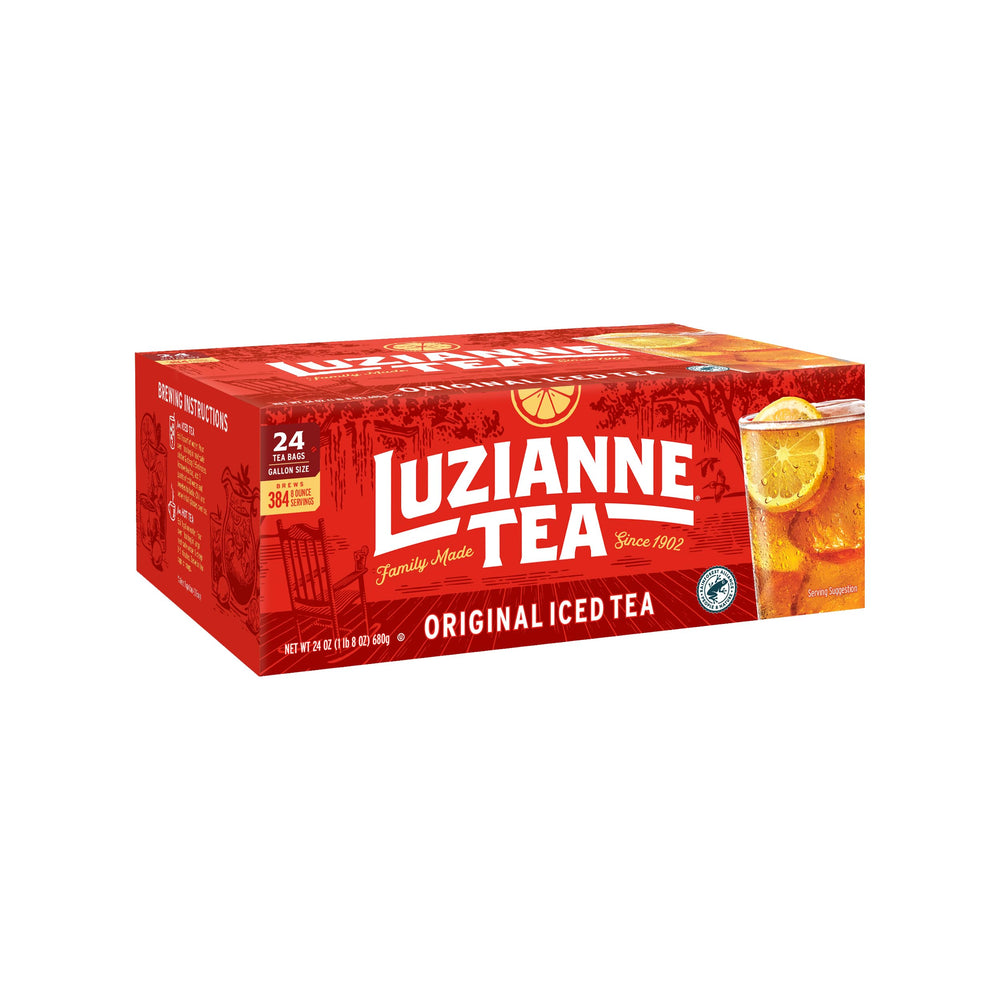 Luzianne unsweetened iced tea bags in a gallon box for easy home brewing