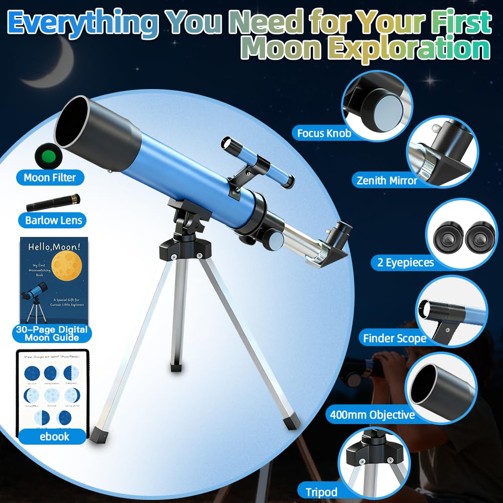 Luzsco telescope includes Barlow lens for additional magnification options.