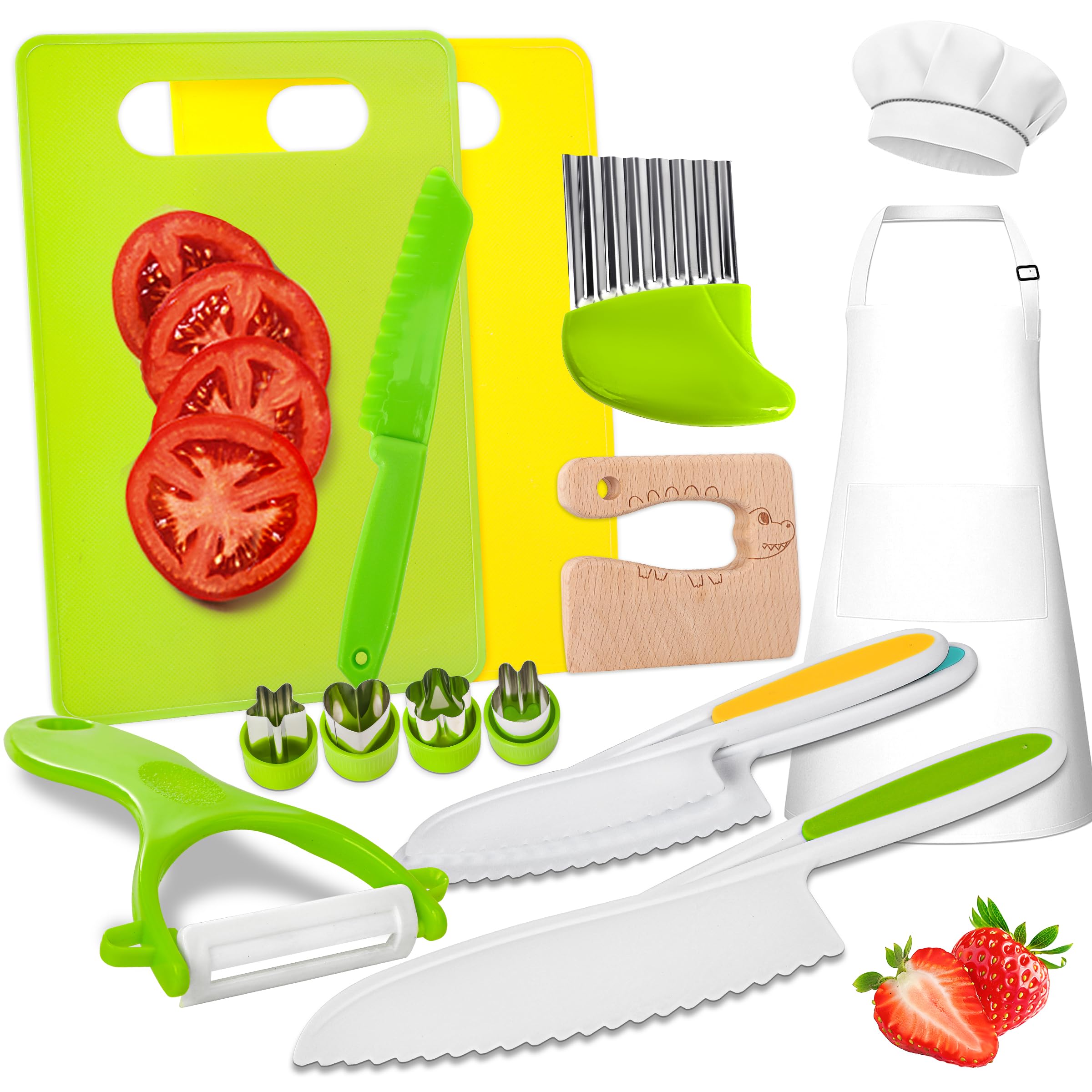 LWWTBS Kids Knife Set with apron enables safe pretend cooking and independent play.