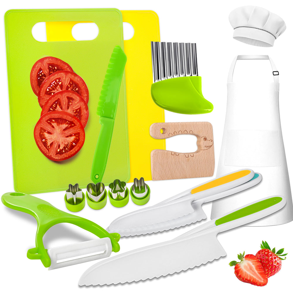 LWWTBS Kids Knife Set with apron enables safe pretend cooking and independent play.