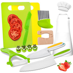 LWWTBS Kids Knife Set with apron enables safe pretend cooking and independent play.