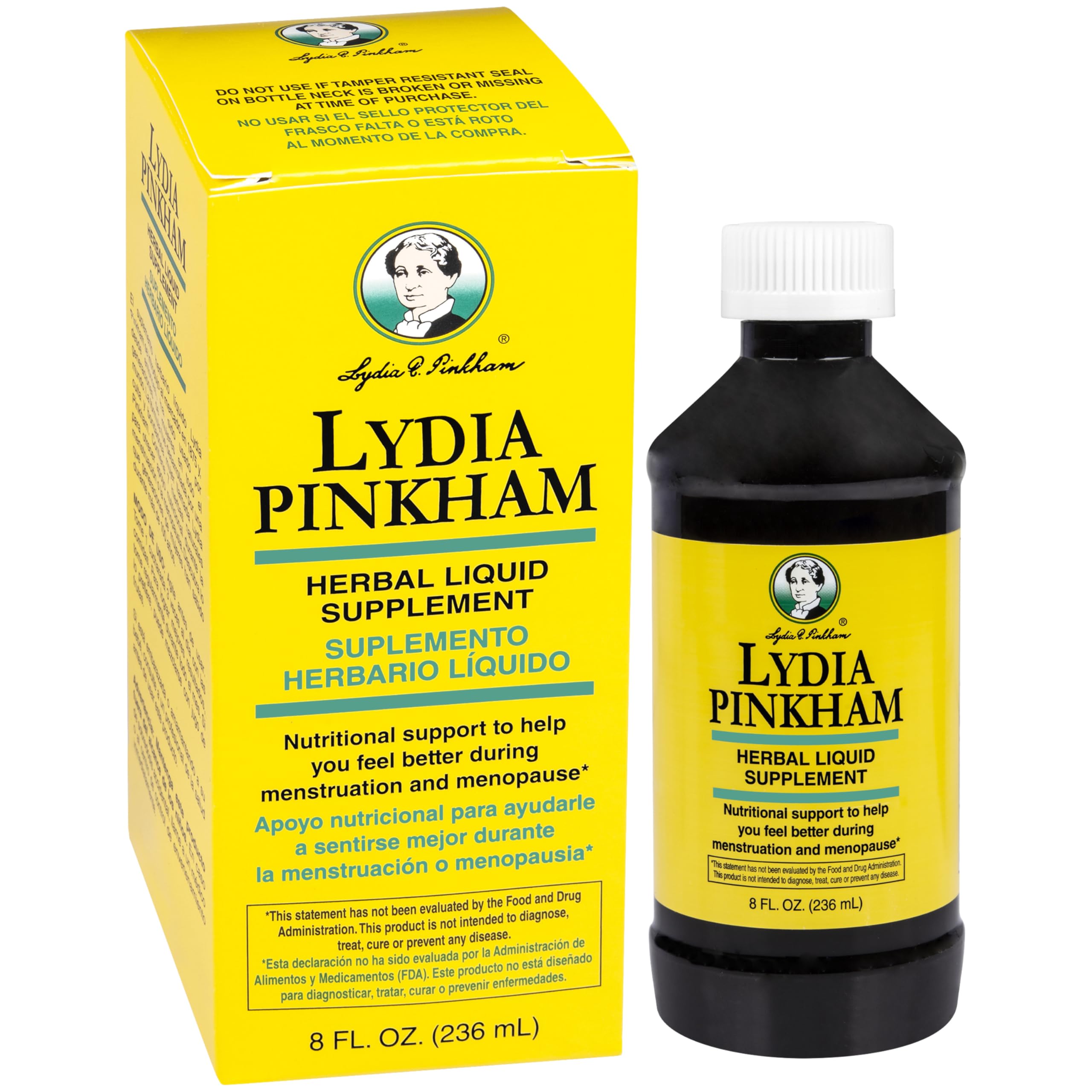 Lydia Pinkham liquid bottle front label showing the seven-herb blend for menstrual support