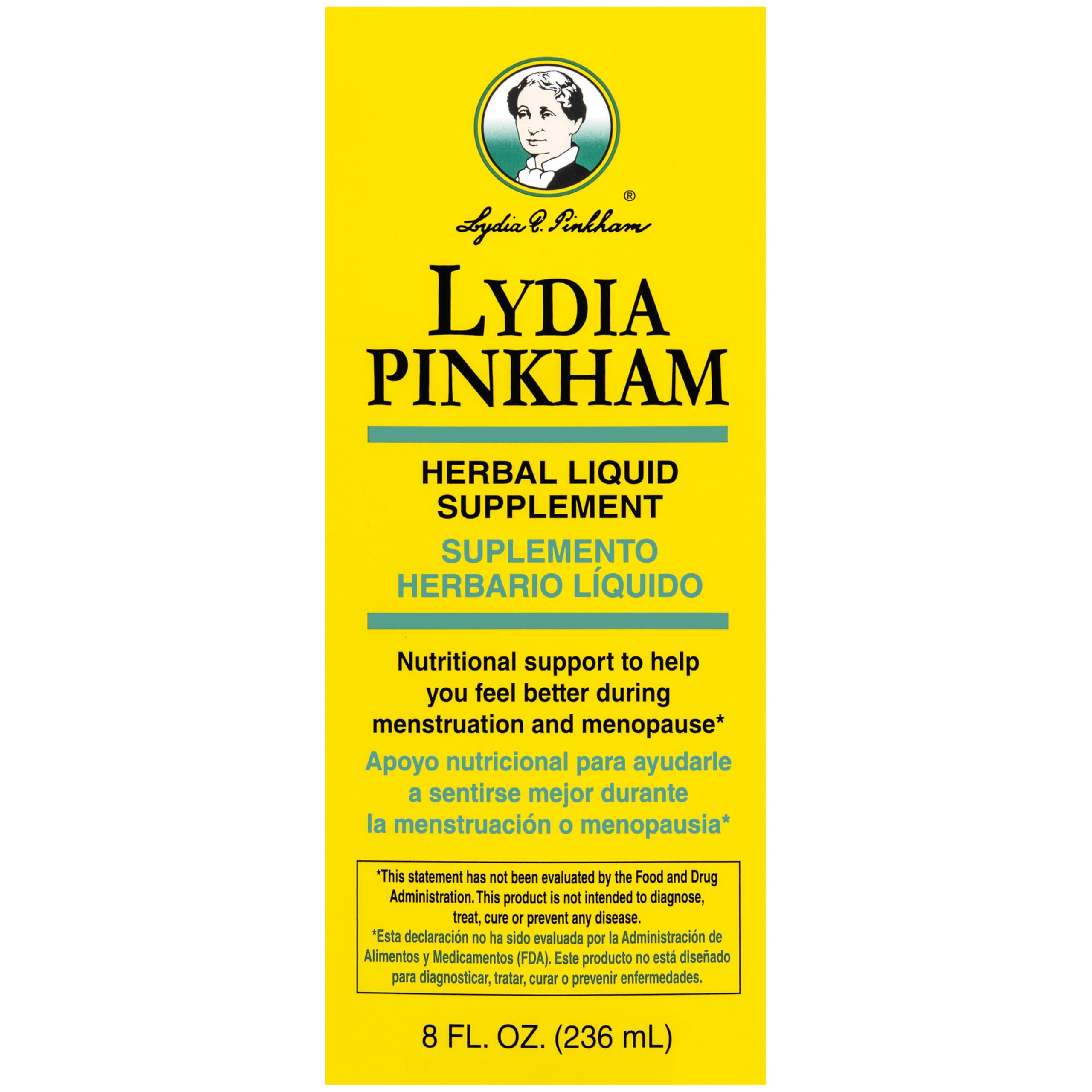 Lydia Pinkham liquid bottle label detail emphasizes calming herbs like motherwort