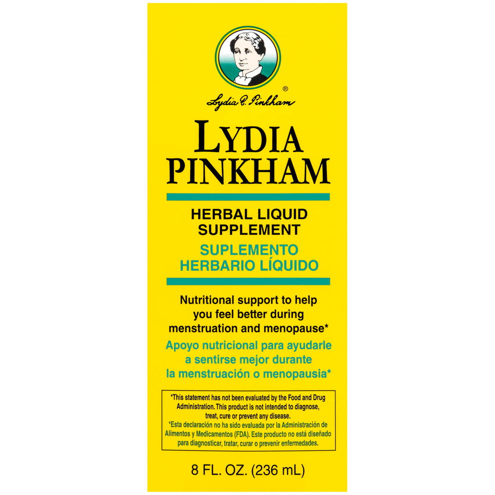 Lydia Pinkham liquid bottle label detail emphasizes calming herbs like motherwort