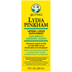Lydia Pinkham liquid bottle label detail emphasizes calming herbs like motherwort