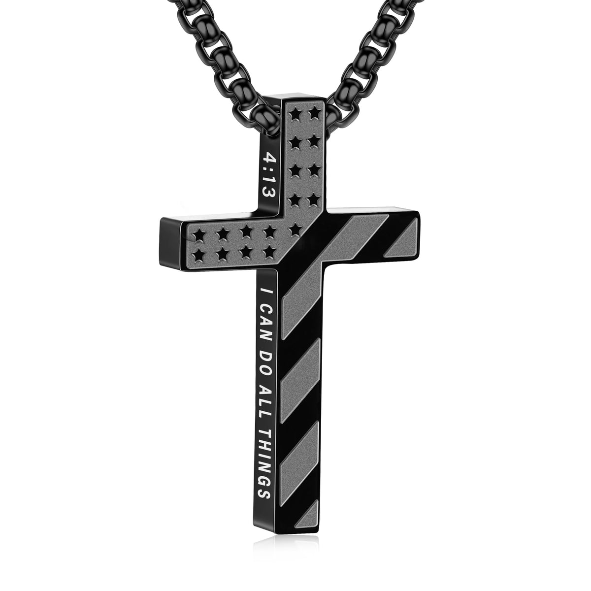 Lydow cross necklace front view with American flag pendant for daily wear.