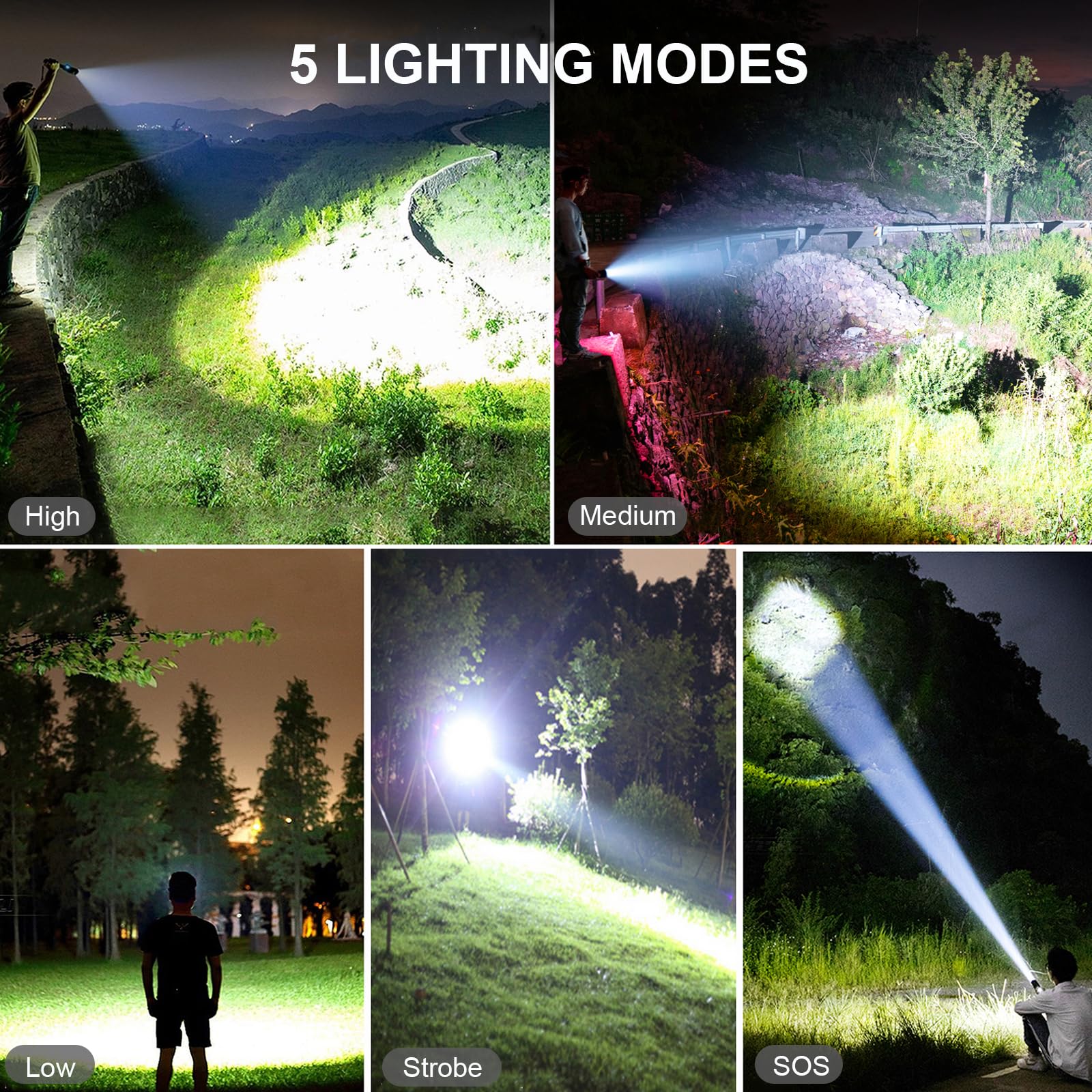 Lylting flashlight featuring 5 modes and SOS for versatile lighting.