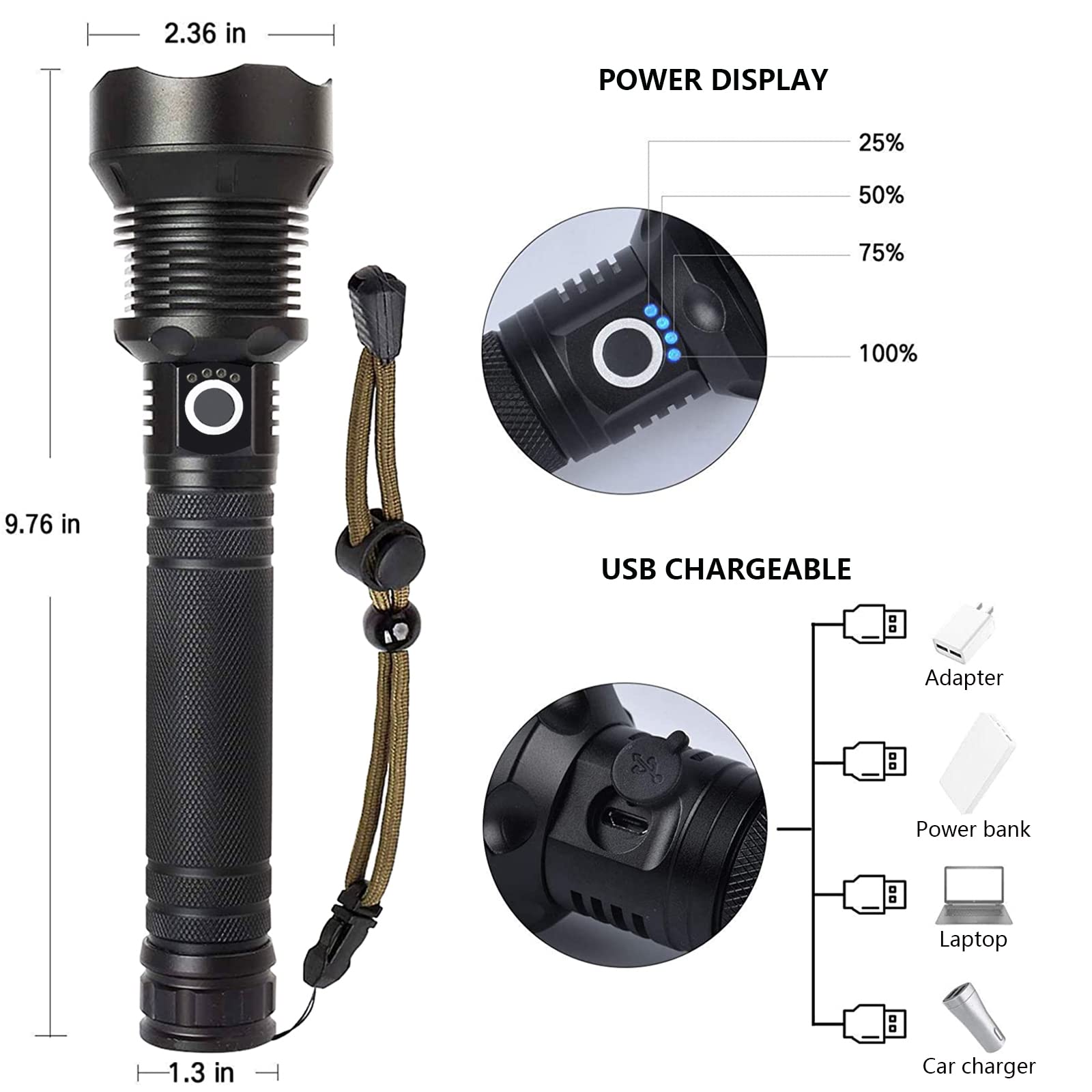 Lylting USB-C rechargeable flashlight with power display on hand.